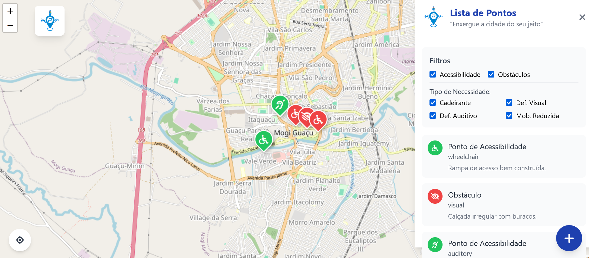 Captura de tela do mapa Acessa Ponto mostrando pontos de acessibilidade